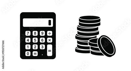 Calculator and stack of coins depicted in a bold silhouette