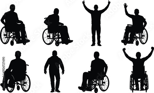 Wheelchair User Silhouette Collection with Disabled Person Raising Arms, Independence, Mobility, and Accessibility Awareness Black Vector Set
