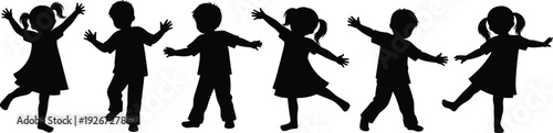 Black silhouettes of children dancing and playing white background
