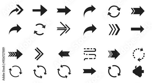 Collection of black arrow icons showing direction and rotation silhouette