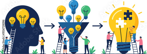 Idea generation illustration, creative thinking process innovation teamwork collaboration brainstorming funnel refinement puzzle solution concept vector artwork, educational and business