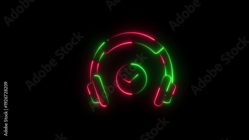 Dynamic neon animation featuring red and green outlines of headphones with a central circular timer and checkmark, perfect for music or technology concepts.