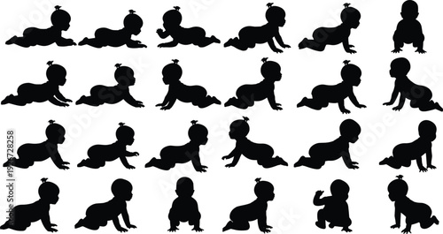 Baby Crawling Silhouette Collection with Infant Milestones, Toddler Movement Poses, and Child Development Stages in Black Solid Vector Set