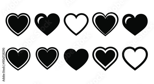 A row of black heart shapes displayed against a white background silhouette