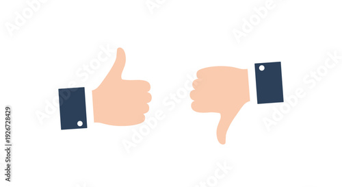 Two flat vector hands with dark blue cuffs and white buttons display a thumbs up and a thumbs down gesture against a plain white background.