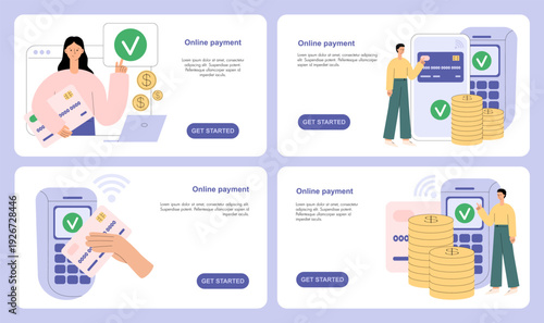 Online payment concept. People pay with bank plastic card using POS terminal. Contactless wireless cashless payment with nfc technology. Flat vector illustration for website, landing page