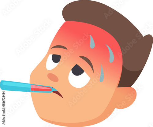 Fever cartoon icon. Hot kid head with thermometer in mouth