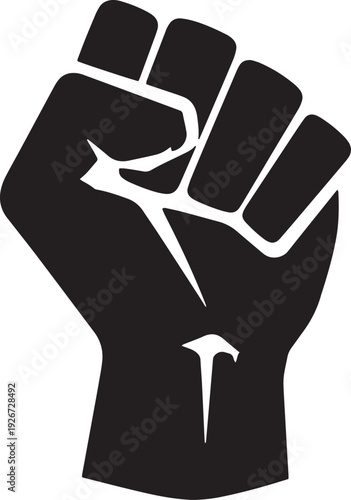 A black and white silhouette of a raised fist against a white background.