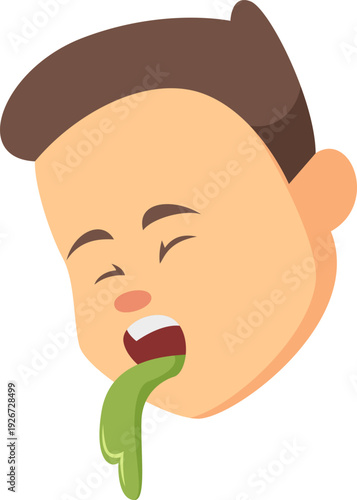 Nausea cartoon icon. Male head vomiting green