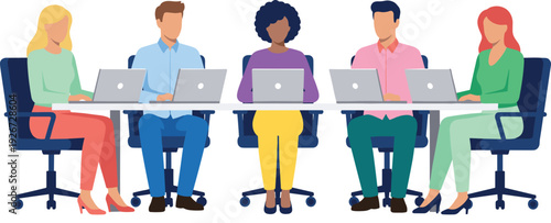 Teamwork office illustration, collaborative professionals working laptops modern workplace diversity productivity technology character design vector artwork, lifestyle and educationa