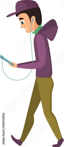 Man walking and look at device screen. Using mobile technology