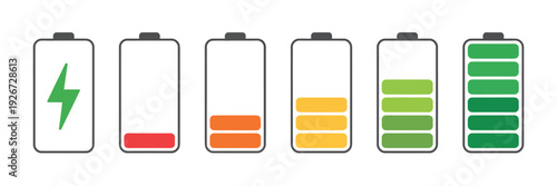 Battery Charge Level Vector Set, Colorful Phone Power Indicators Displaying Discharged, Low, Medium, and Fully Charged States for UI Design and Digital Applications.