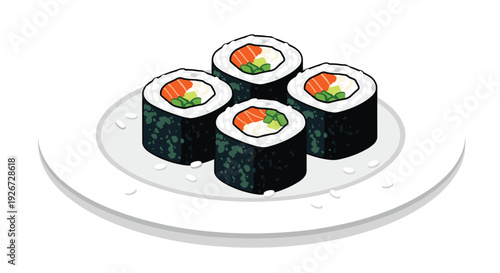 Four pieces of salmon and cucumber maki sushi rolls are clustered together on a white ceramic plate with scattered rice grains against a white background.