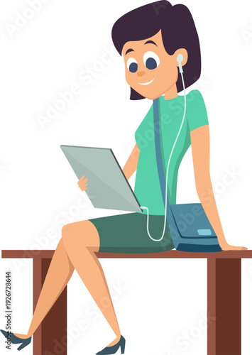 Girl watch video on tablet with earphones. Social media content user