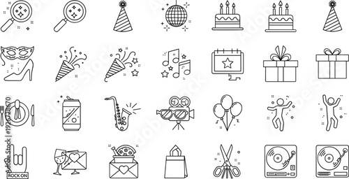 Birthday and Party Celebration Line Icon Set with Cake, Balloons, Disco Ball, Gift, Music, and Festive Outline Vector Symbols