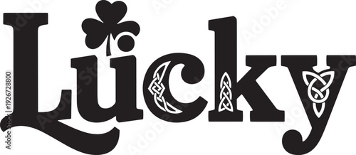 A black and white logo with the word 'Lucky' and a shamrock in the center.