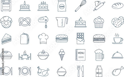 Bakery and Restaurant Line Icons Set with Food Cooking Desserts Drinks and Kitchen Elements Vector Collection