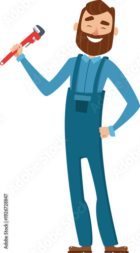 Cheerful technician mascot with spanner. Working plumber character
