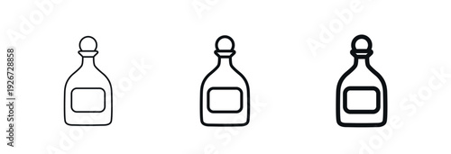 Tequila bottle with rounded cork stopper icon in thin, regular, bold outline styles. Mexican alcoholic drink. Branding, bar menus, and packaging concept. Vector illustration isolated on white