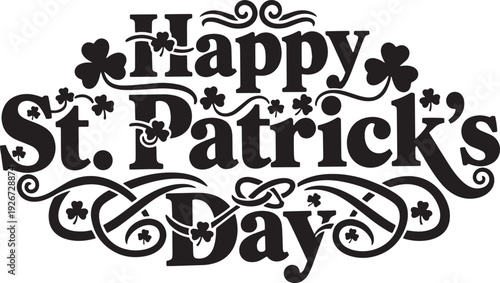 A black and white illustration of a festive St. Patrick's Day design with shamrocks and text.
