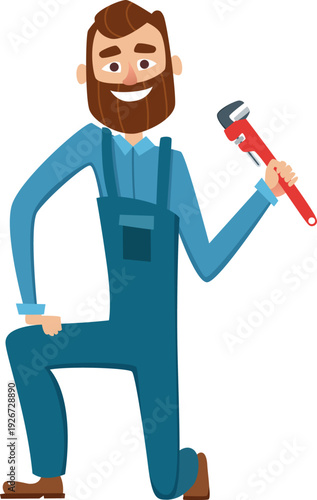 Man with wrench. Professional repair service cartoon mascot