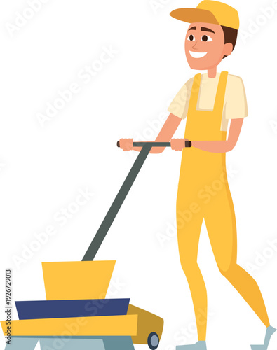 Professional cleaner mascot in yellow uniform clean floor