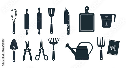 Black kitchen utensils and gardening tools in a flat silhouette
