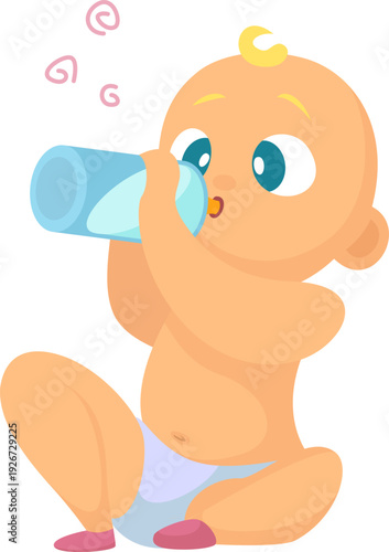 Baby drink water from bottle. Cute child in diaper