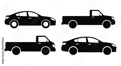 Four vehicle silhouettes cars and trucks shown in black outline silhouette