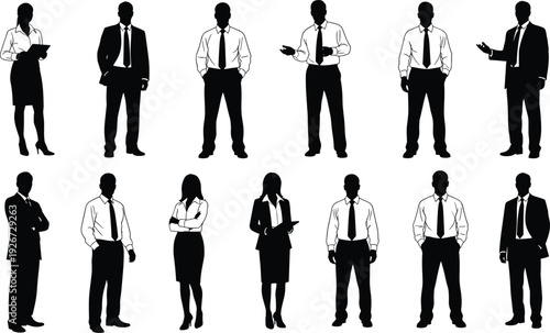 Collection of professional business people silhouettes featuring men and women in formal office attire and suits standing in various poses isolated on white background