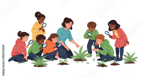 A group of school children and their teacher use magnifying glasses to examine green ferns in a nature study session.