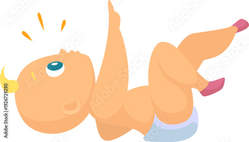 Playful baby in diaper laying on back cartoon character
