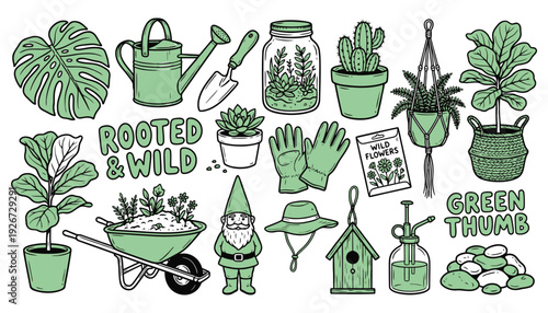 Vintage Gardening Essentials & Houseplant Doodle Set