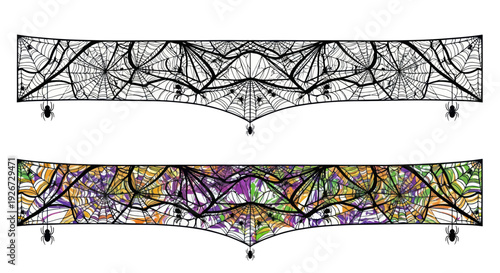 Halloween Spiderweb Decorative Border with Spiders - Black and White and Color