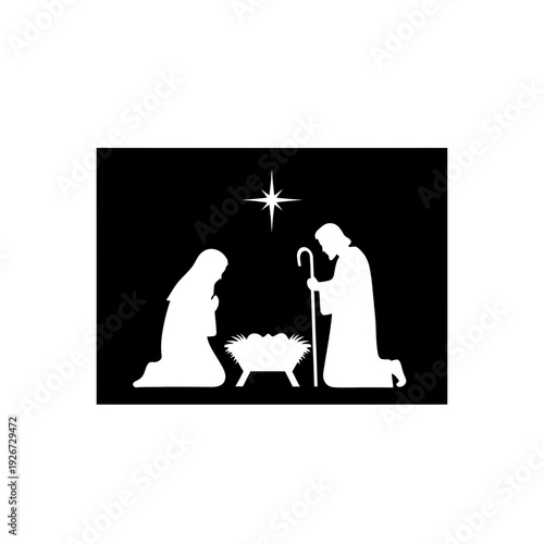 Nativity Scene Silhouette: Mary, Joseph, and Baby Jesus in Manger with Star