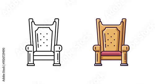 Ornate Throne Icon Set: Outline and Colored Illustration