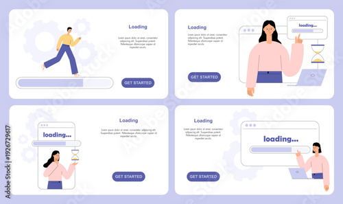 Loading web page templates with progress bars, onboarding screens and get started buttons. People waiting for system update and file processing. Flat vector UI illustration set