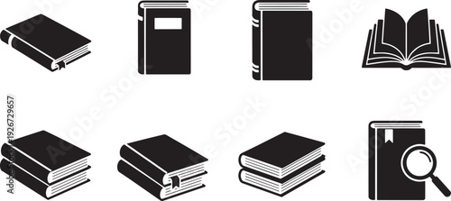 A set of eight black and white book icons, including closed and open books, stacked books, and a magnifying glass icon.