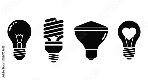 Evolution of lightbulbs displayed in a striking black silhouette