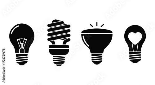 Four light bulbs in a row showcasing different designs silhouette