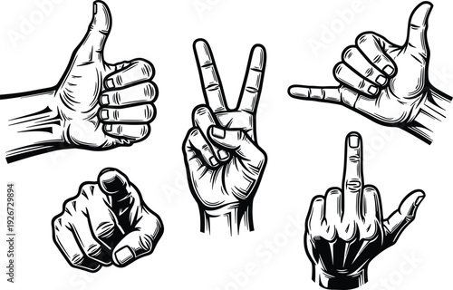 hand, gesture, sign, illustration, vector, icon, finger, thumbs, peace, shaka, middle, pointing, sketch, drawing, graphic