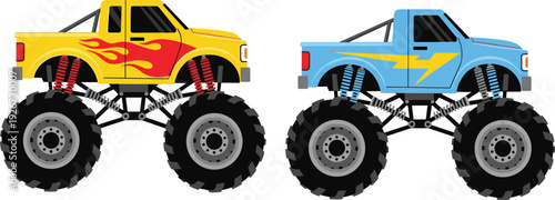 Colorful monster trucks with oversized tires isolated illustration, lifted pickup trucks with flame and lightning graphics, off road vehicle design, extreme motorsport concept