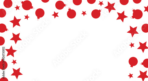 Red silhouettes of Christmas baubles and stars create a decorative border around a central white rectangular space.