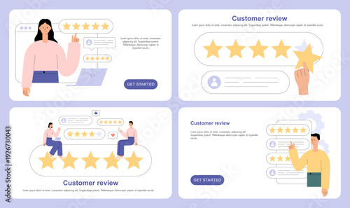 Customer review landing page templates with five star rating and testimonial interface. Users leaving feedback and comments online. Modern UI web screens. Flat vector illustration set.