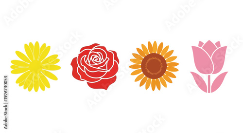Four colorful flowers arranged in a horizontal row a flat silhouette