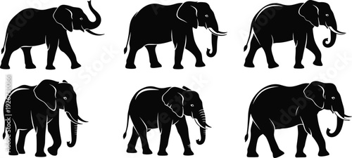 Black silhouettes of elephants in various poses white background animal wildlife