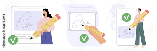 Digital signature concept. User signing electronic document and approving online contract. E-signature verification and secure agreement process. Flat vector illustration.