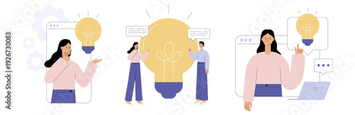 Creative idea concept with light bulb symbol. People brainstorming and generating innovation for startup and business solution. Inspiration and creative thinking. Flat vector illustration