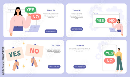 Online yes or no interface for voting or survey decision. People interacting with digital buttons on website or mobile screen. Choice, approval and rejection concept. Flat vector illustration.