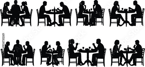 Couple Dining at Restaurant Table Silhouette Collection, Romantic Dinner and Conversation Scenes Black Vector Illustration Isolated on White Background